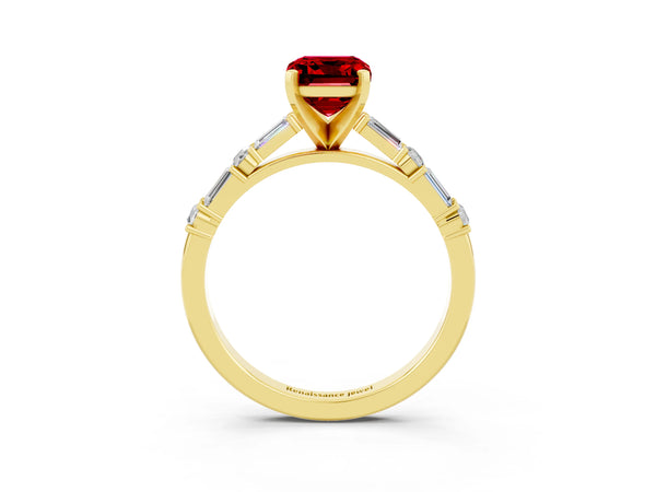 Yellow gold Emerald Cut Ruby Solitaire with Side Baguettes and Channel Set Band