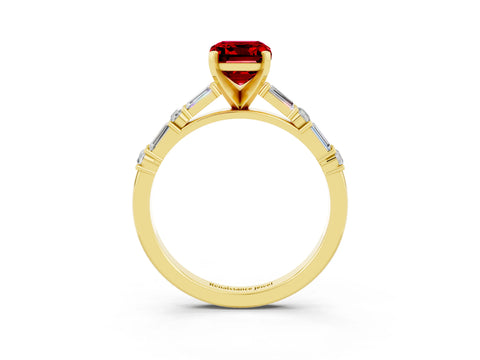 Yellow gold Emerald Cut Ruby Solitaire with Side Baguettes and Channel Set Band_3