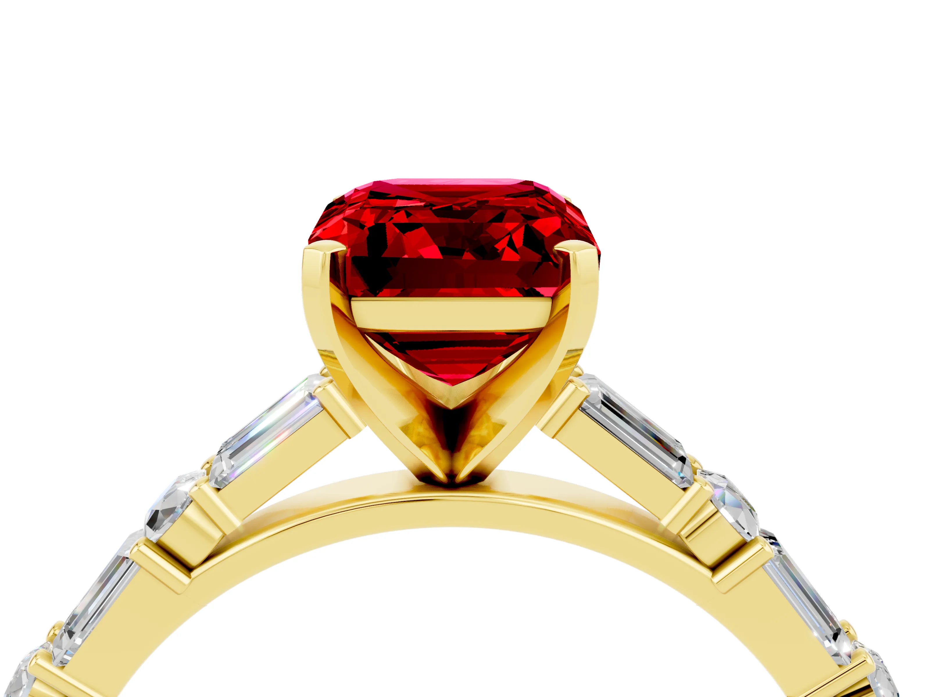Yellow gold Emerald Cut Ruby Solitaire with Side Baguettes and Channel Set Band_4