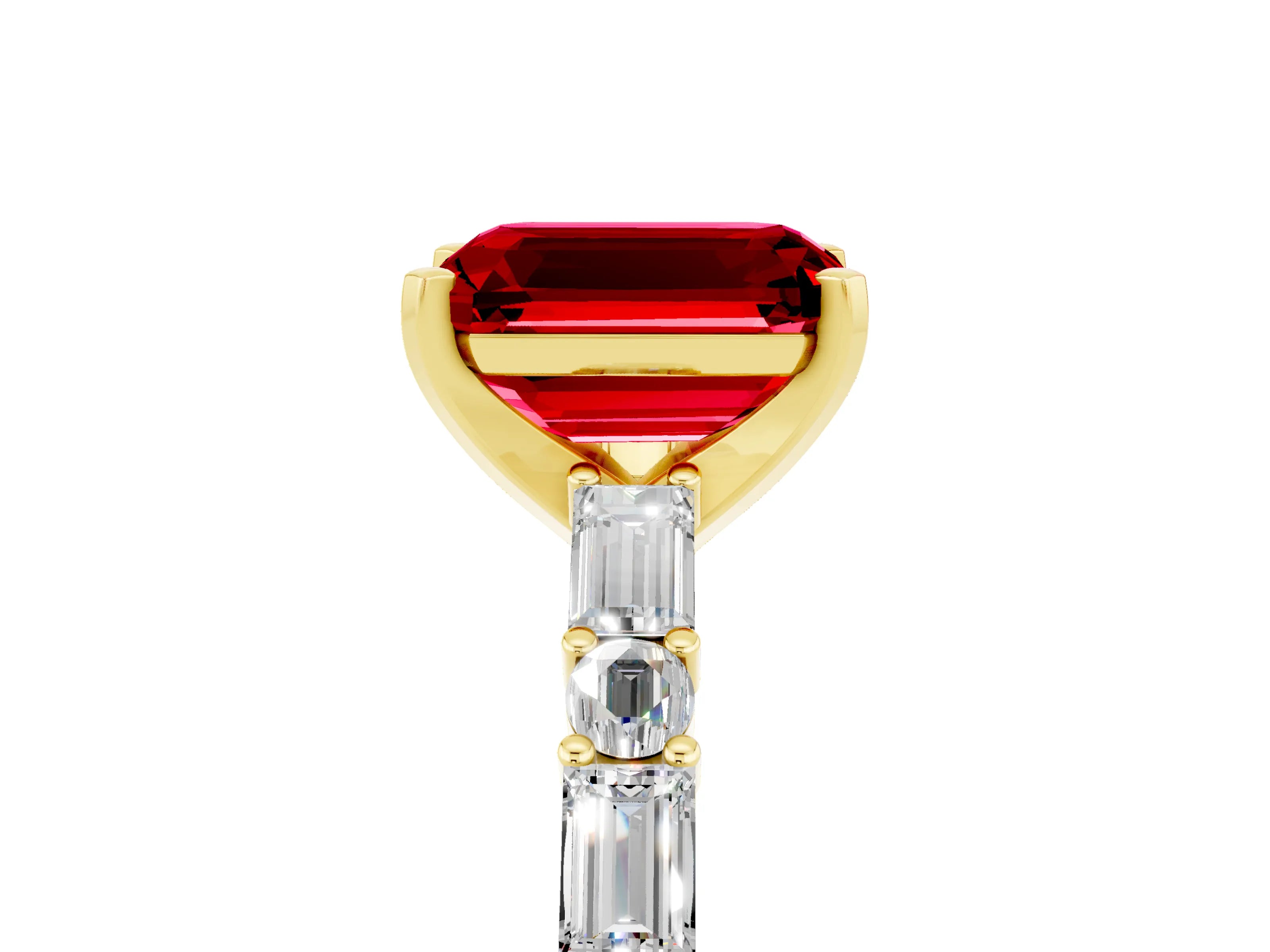 Yellow gold Emerald Cut Ruby Solitaire with Side Baguettes and Channel Set Band_5