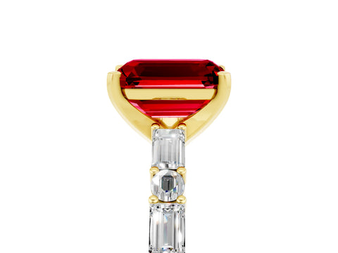 Yellow gold Emerald Cut Ruby Solitaire with Side Baguettes and Channel Set Band_5