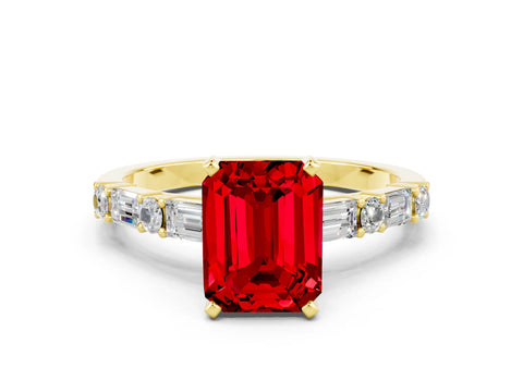 Yellow gold Emerald Cut Ruby Solitaire with Side Baguettes and Channel Set Band