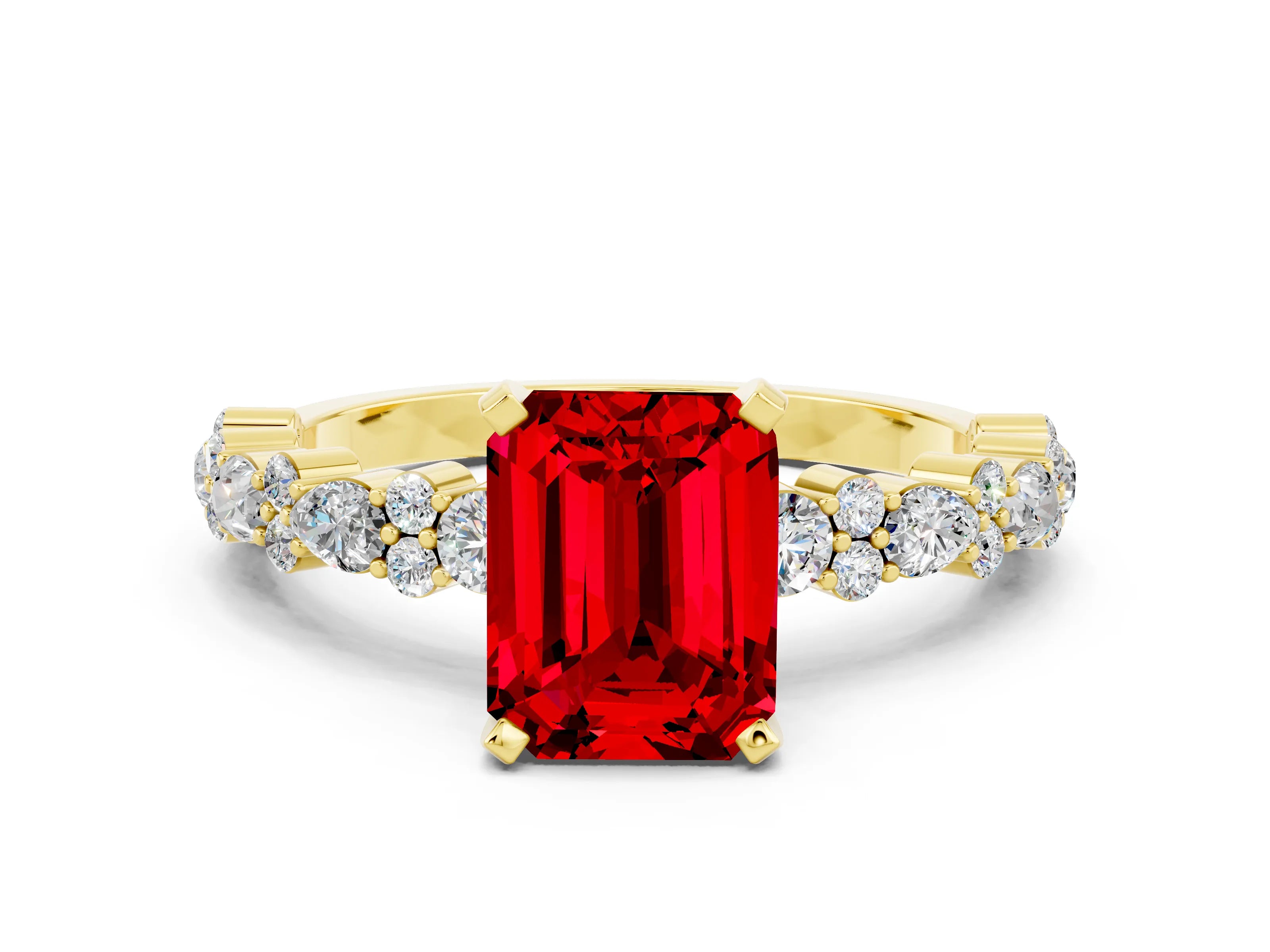 Yellow gold Emerald Cut Ruby Solitaire with Side Stones, Pave Band, Four-Prong Setting_48