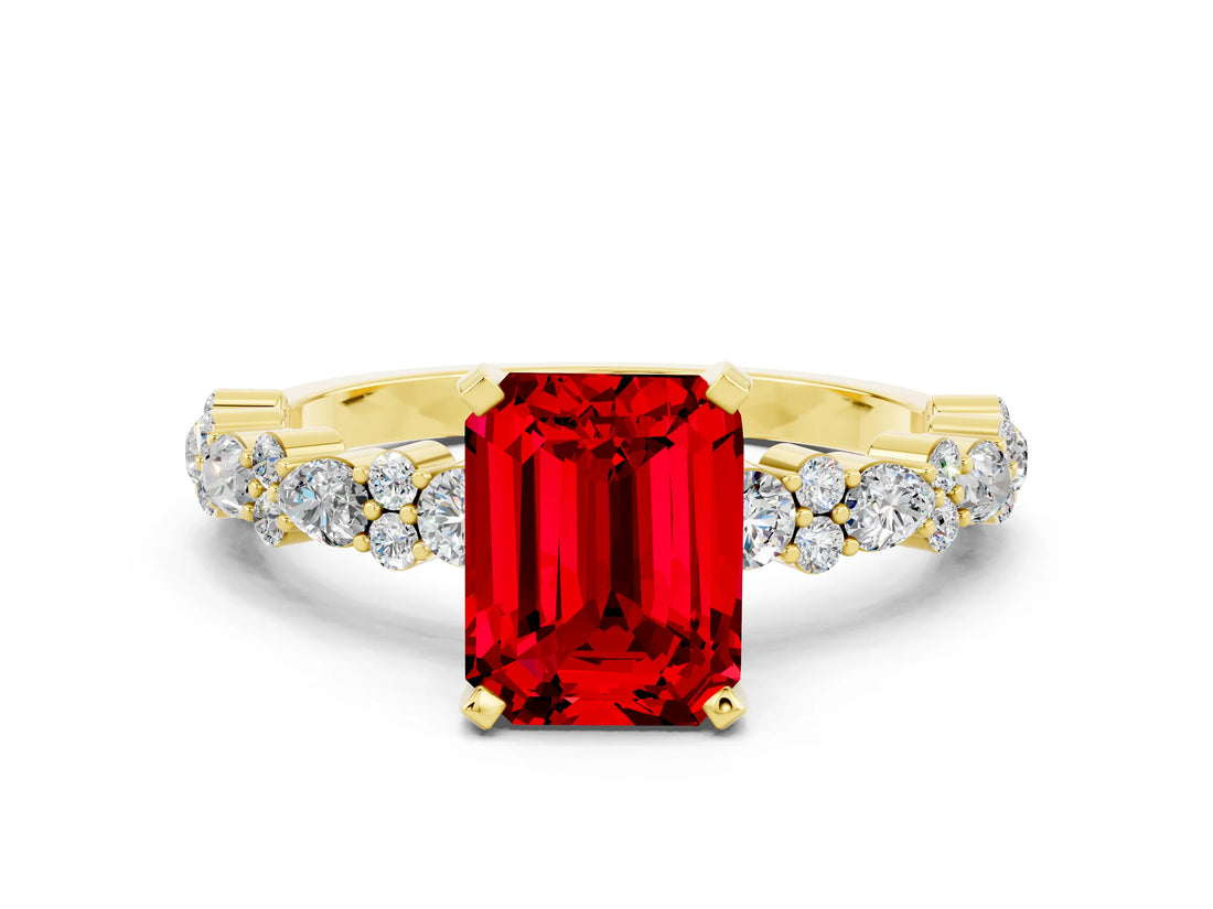 Yellow gold Emerald Cut Ruby Solitaire with Side Stones, Pave Band, Four-Prong Setting_48