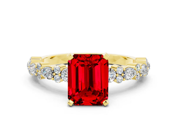 Yellow gold Emerald Cut Ruby Side Stone Solitaire Ring with Round  and Four-Prong Setting