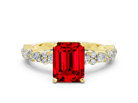 Yellow gold Emerald Cut Ruby Solitaire with Side Stones, Pave Band, Four-Prong Setting_48