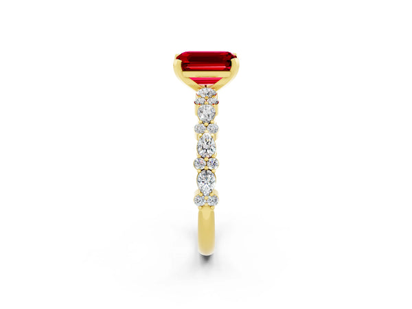 Yellow gold Emerald Cut Ruby Side Stone Solitaire Ring with Round  and Four-Prong Setting