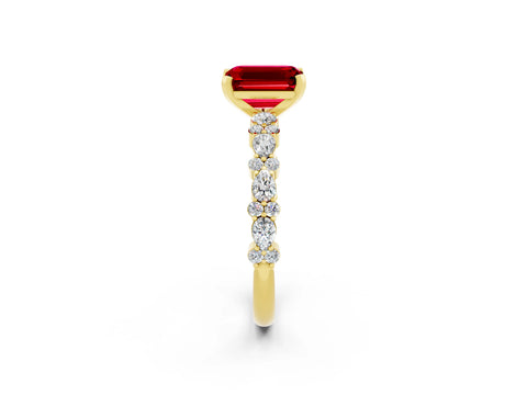 Yellow gold Emerald Cut Ruby Solitaire with Side Stones, Pave Band, Four-Prong Setting_50