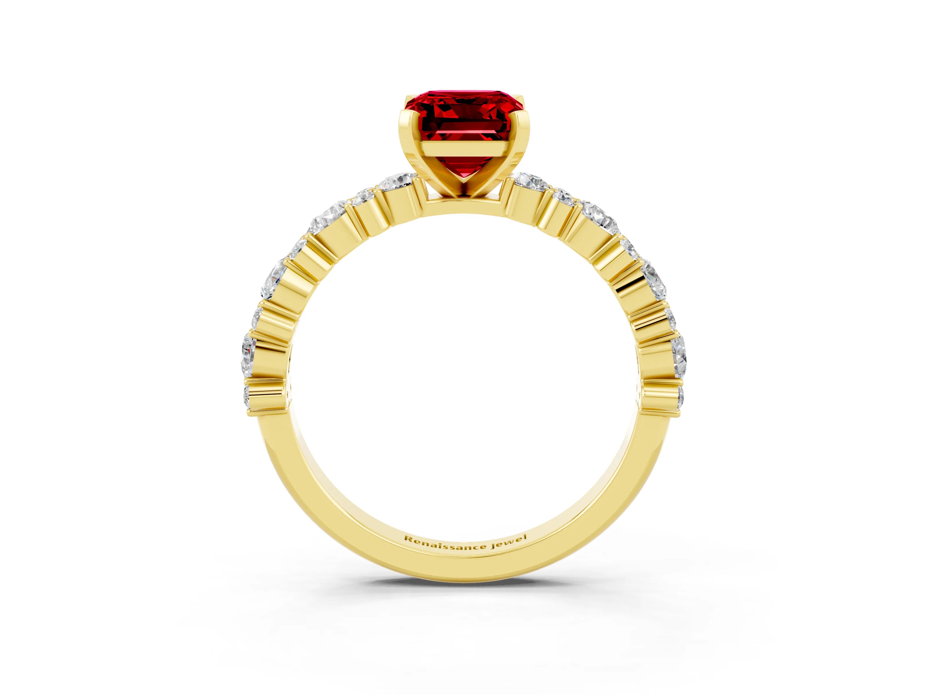 Yellow gold Emerald Cut Ruby Solitaire with Side Stones, Pave Band, Four-Prong Setting_51