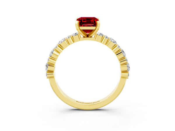 Yellow gold Emerald Cut Ruby Side Stone Solitaire Ring with Round  and Four-Prong Setting