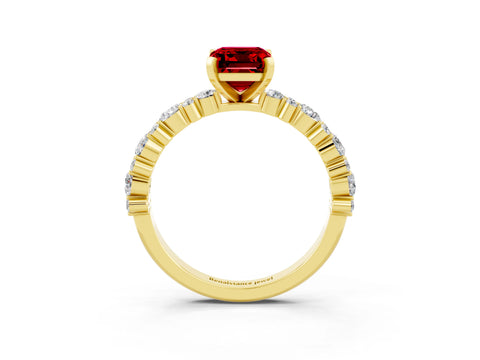 Yellow gold Emerald Cut Ruby Solitaire with Side Stones, Pave Band, Four-Prong Setting_51