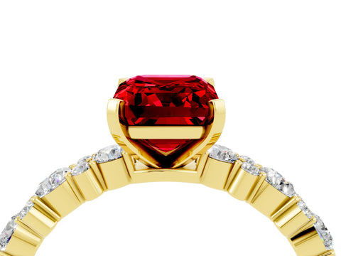 Yellow gold Emerald Cut Ruby Solitaire with Side Stones, Pave Band, Four-Prong Setting_52
