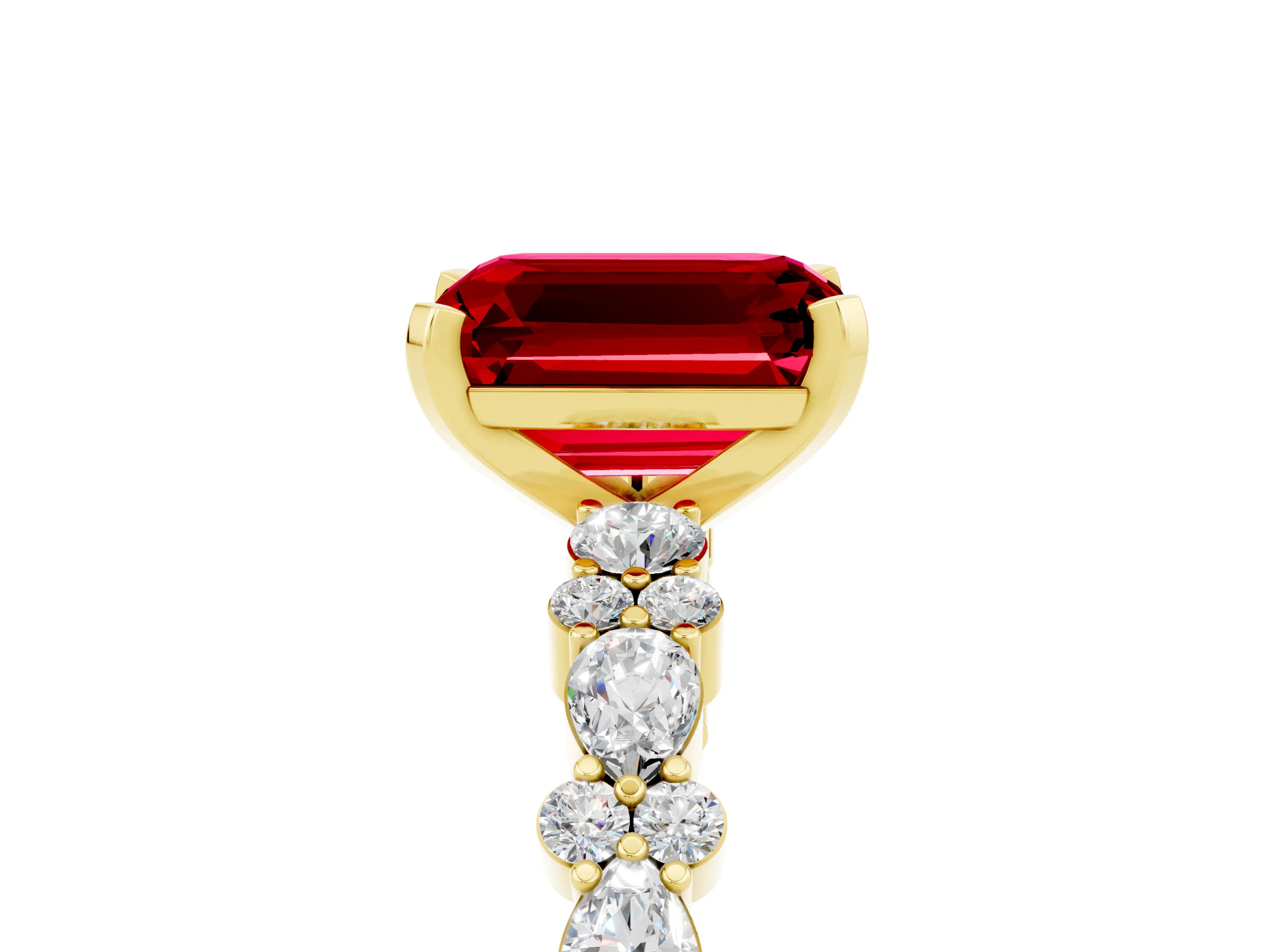 Yellow gold Emerald Cut Ruby Solitaire with Side Stones, Pave Band, Four-Prong Setting_53
