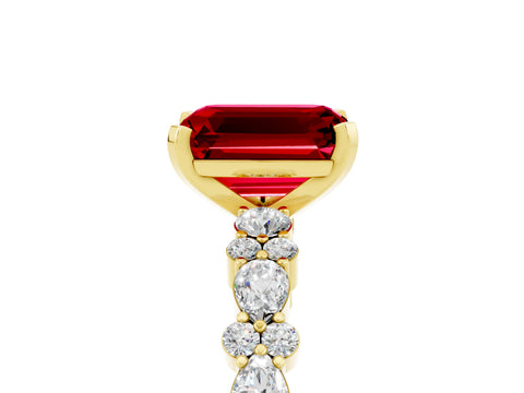 Yellow gold Emerald Cut Ruby Solitaire with Side Stones, Pave Band, Four-Prong Setting_53