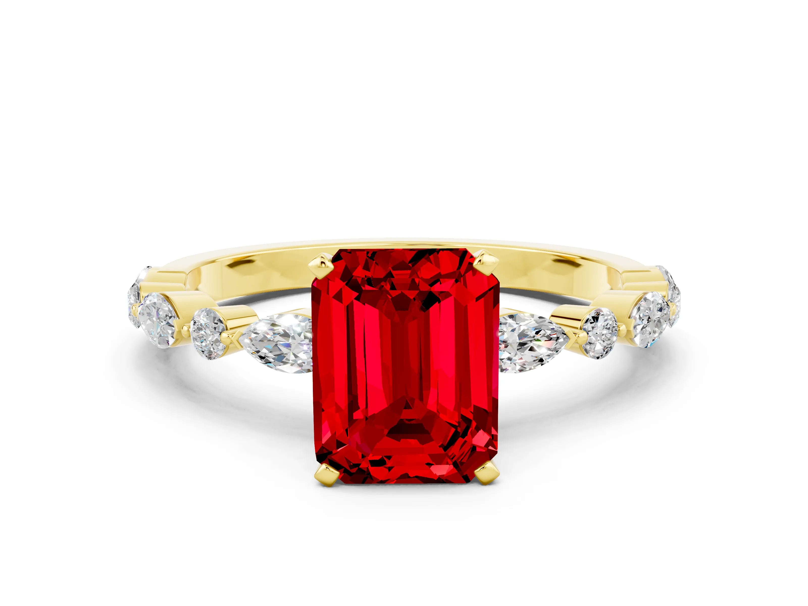 Yellow gold Emerald Cut Ruby Solitaire with Side Stones on a Pavé Band and Four-Prong Setting