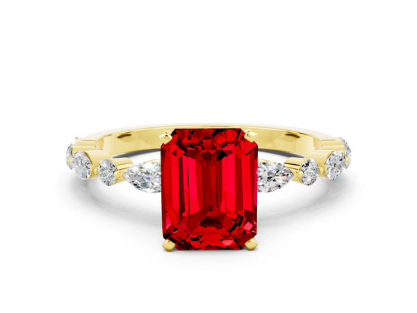 Yellow gold Emerald Cut Ruby Ring with Marquise and Round  Side Stones and Four-Prong Setting