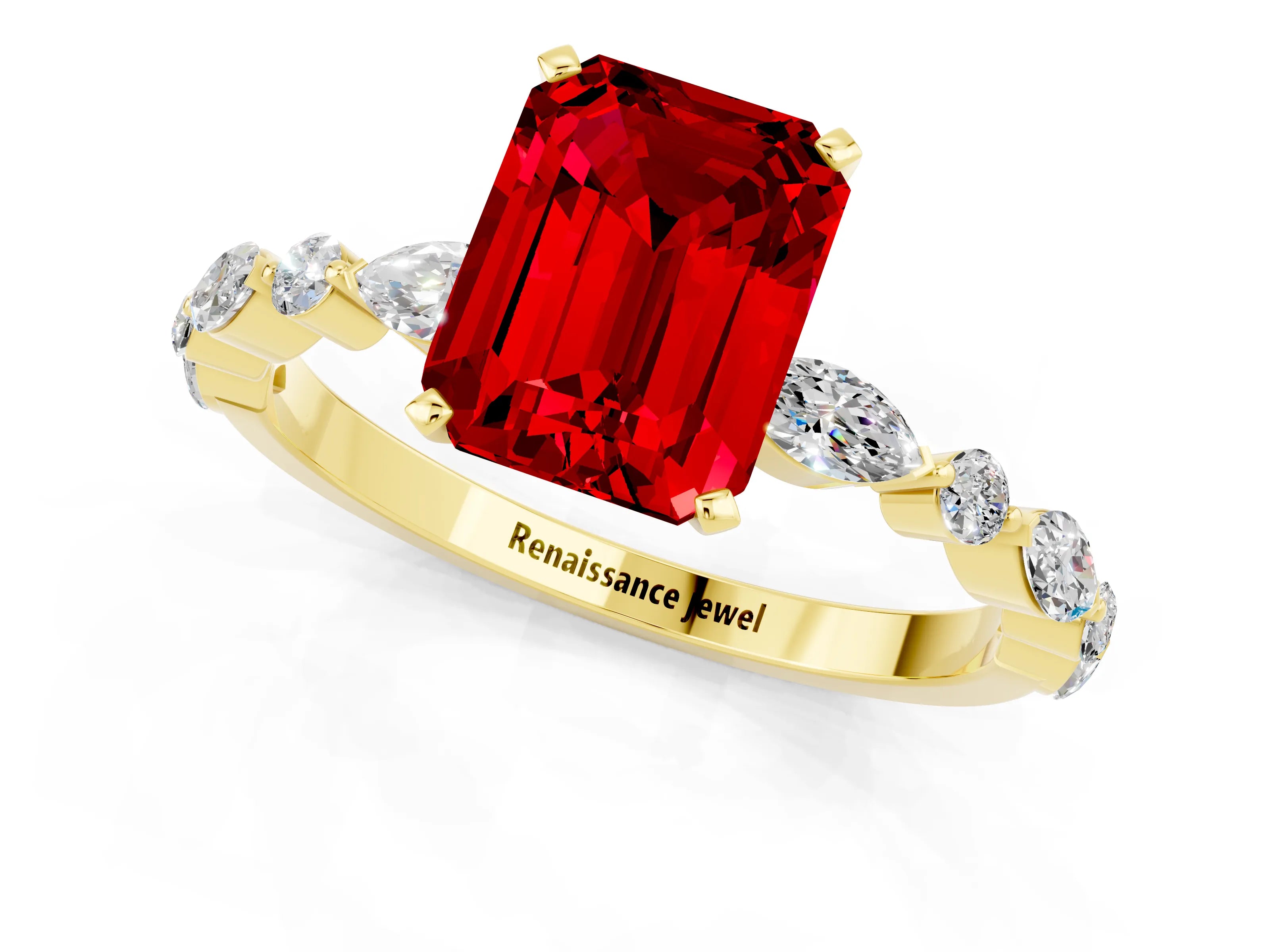 Yellow gold Emerald Cut Ruby Solitaire with Side Stones on a Pavé Band and Four-Prong Setting_1