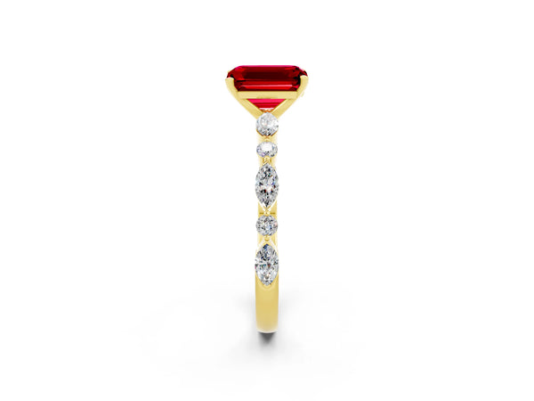 Yellow gold Emerald Cut Ruby Ring with Marquise and Round  Side Stones and Four-Prong Setting