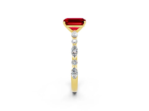 Yellow gold Emerald Cut Ruby Solitaire with Side Stones on a Pavé Band and Four-Prong Setting_2