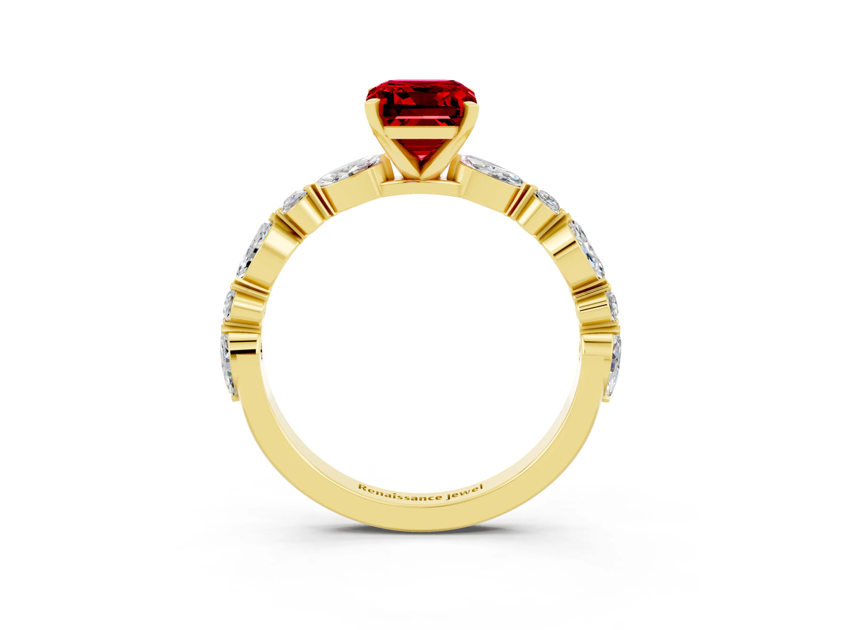 Yellow gold Emerald Cut Ruby Solitaire with Side Stones on a Pavé Band and Four-Prong Setting_3