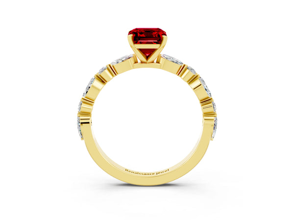 Yellow gold Emerald Cut Ruby Ring with Marquise and Round  Side Stones and Four-Prong Setting