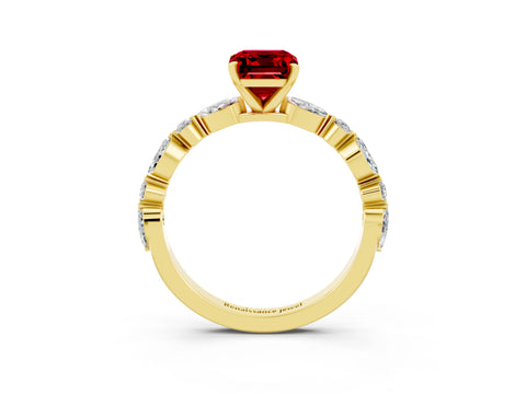 Yellow gold Emerald Cut Ruby Solitaire with Side Stones on a Pavé Band and Four-Prong Setting_3