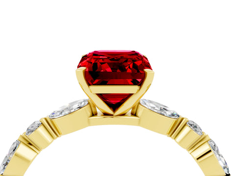 Yellow gold Emerald Cut Ruby Solitaire with Side Stones on a Pavé Band and Four-Prong Setting_4