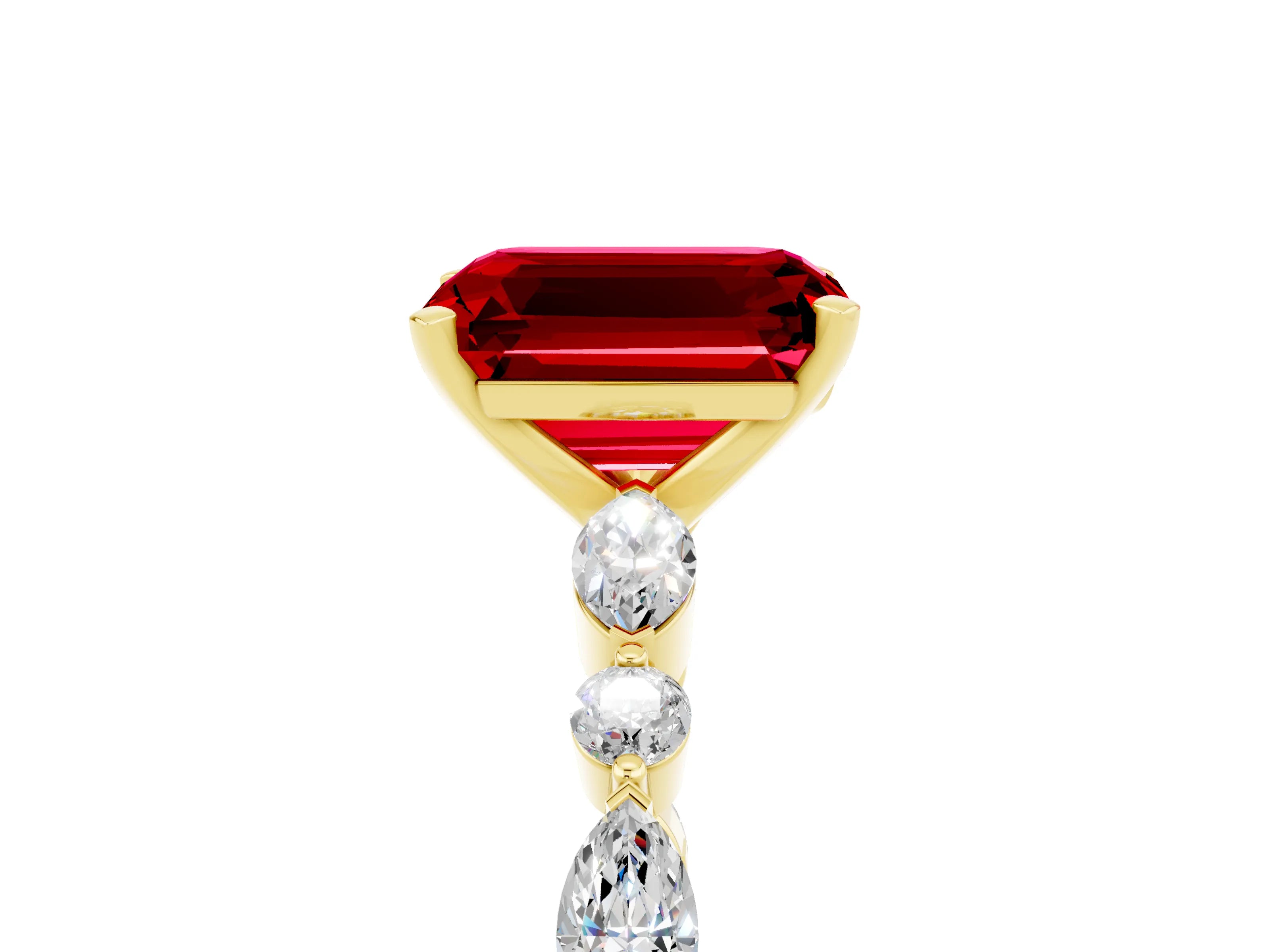 Yellow gold Emerald Cut Ruby Solitaire with Side Stones on a Pavé Band and Four-Prong Setting_5