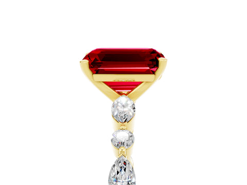 Yellow gold Emerald Cut Ruby Solitaire with Side Stones on a Pavé Band and Four-Prong Setting_5