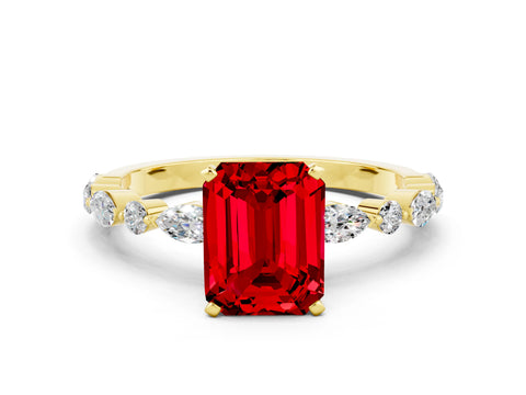 Yellow gold Emerald Cut Ruby Solitaire with Side Stones on a Pavé Band and Four-Prong Setting