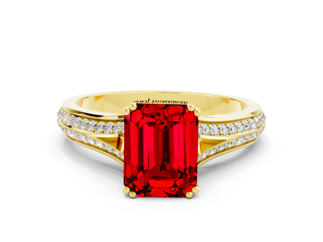 Yellow gold Emerald Cut Ruby Split Shank Engagement Ring with Pavé Band