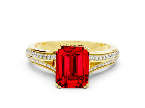 Yellow gold Emerald Cut Ruby Split Shank Engagement Ring with Pavé Band