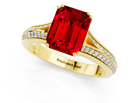 Yellow gold Emerald Cut Ruby Split Shank Engagement Ring with Pavé Band_1