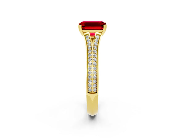 Yellow gold Emerald Cut Ruby Split Shank Engagement Ring with Pavé Band