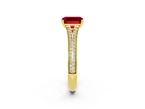 Yellow gold Emerald Cut Ruby Split Shank Engagement Ring with Pavé Band_2