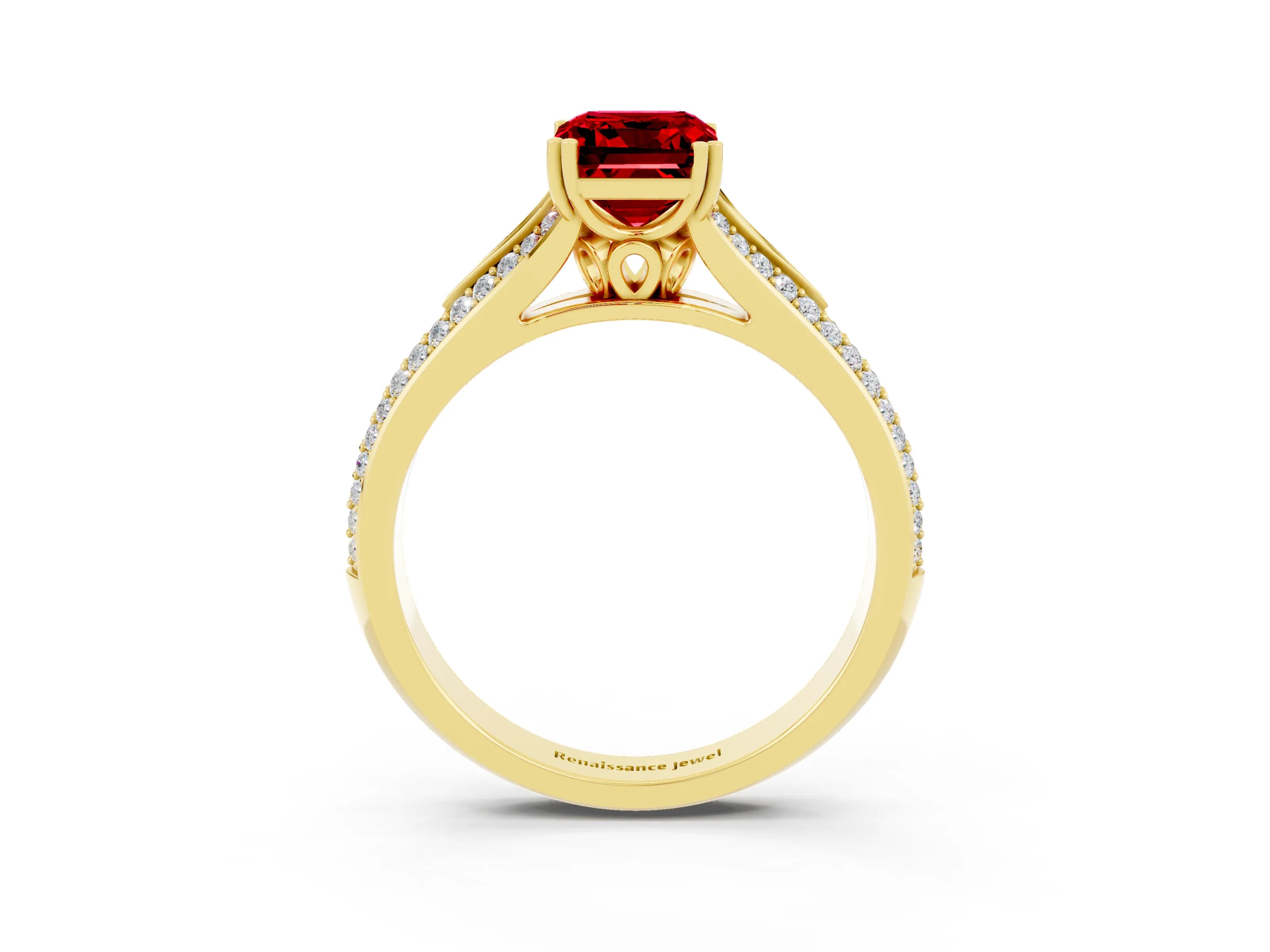 Yellow gold Emerald Cut Ruby Split Shank Engagement Ring with Pavé Band_3