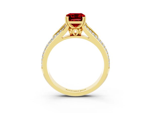 Yellow gold Emerald Cut Ruby Split Shank Engagement Ring with Pavé Band