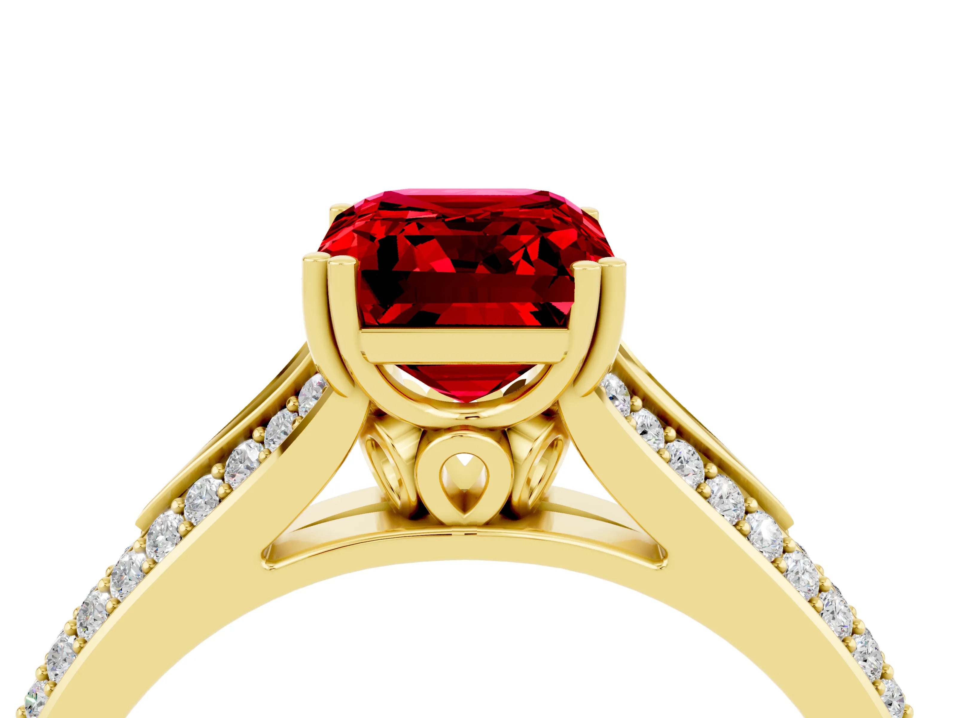 Yellow gold Emerald Cut Ruby Split Shank Engagement Ring with Pavé Band_4
