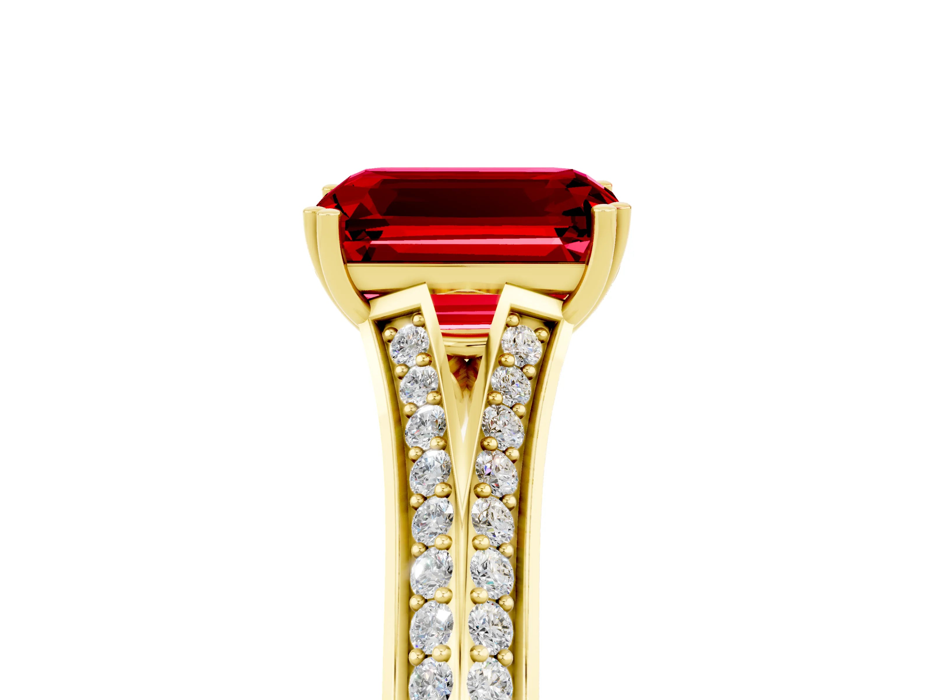 Yellow gold Emerald Cut Ruby Split Shank Engagement Ring with Pavé Band_5