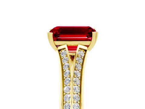Yellow gold Emerald Cut Ruby Split Shank Engagement Ring with Pavé Band_5