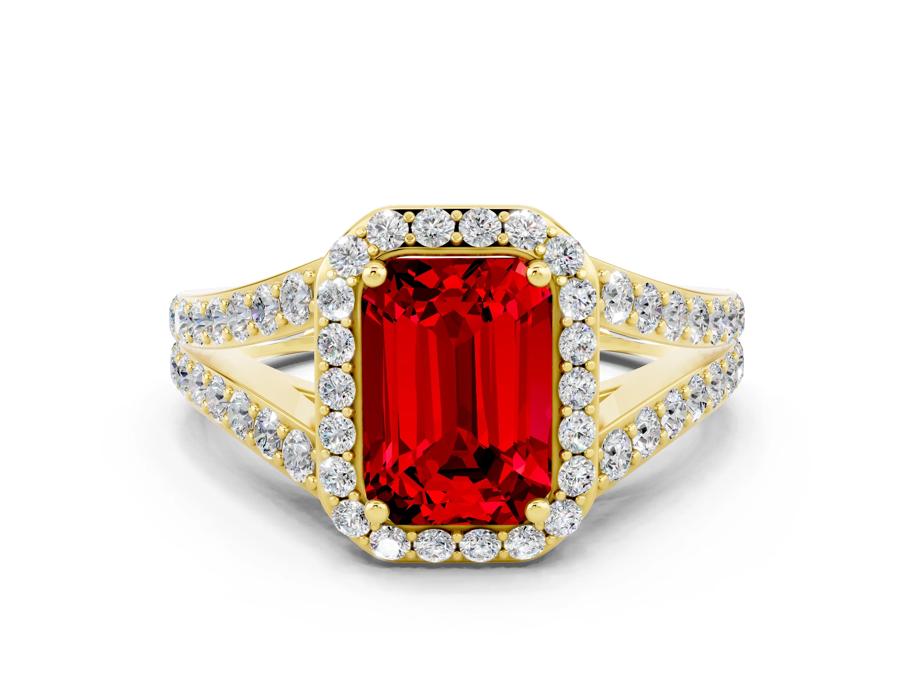 Yellow gold Emerald Cut Ruby Split Shank Halo Ring with Four-Prong Setting_12