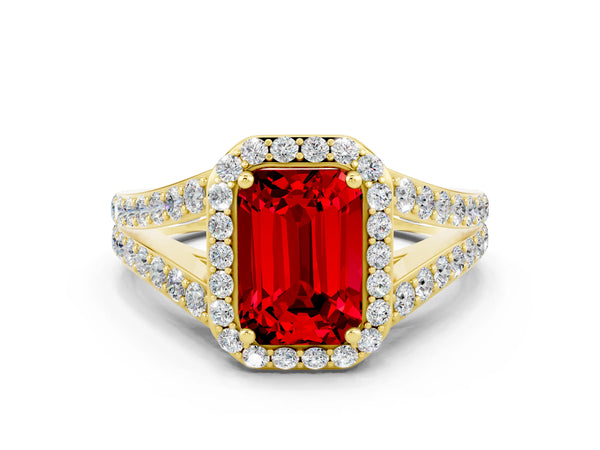 Yellow gold Emerald Cut Ruby Split Shank Halo Ring with Four-Prong Setting
