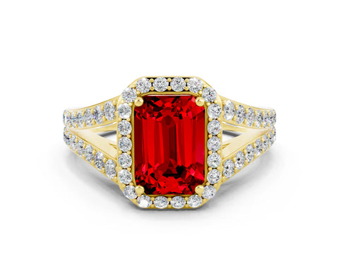 Yellow gold Emerald Cut Ruby Split Shank Halo Ring with Four-Prong Setting_12