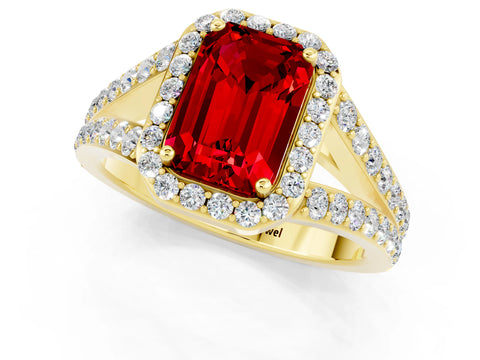 Yellow gold Emerald Cut Ruby Split Shank Halo Ring with Four-Prong Setting_13