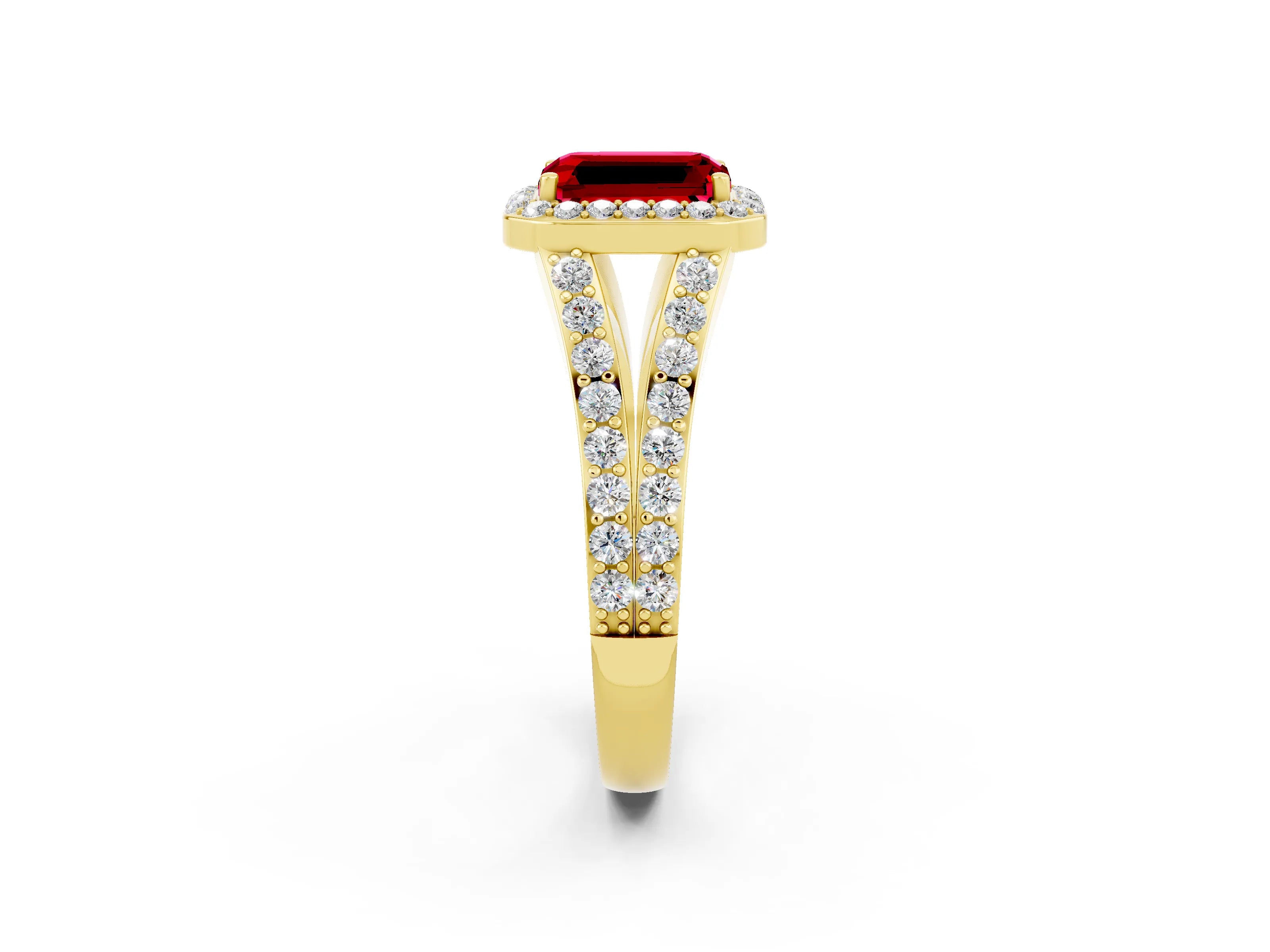 Yellow gold Emerald Cut Ruby Split Shank Halo Ring with Four-Prong Setting_14