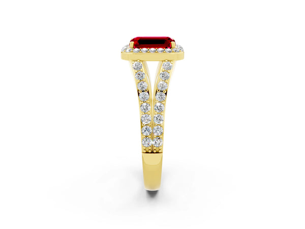 Yellow gold Emerald Cut Ruby Split Shank Halo Ring with Four-Prong Setting