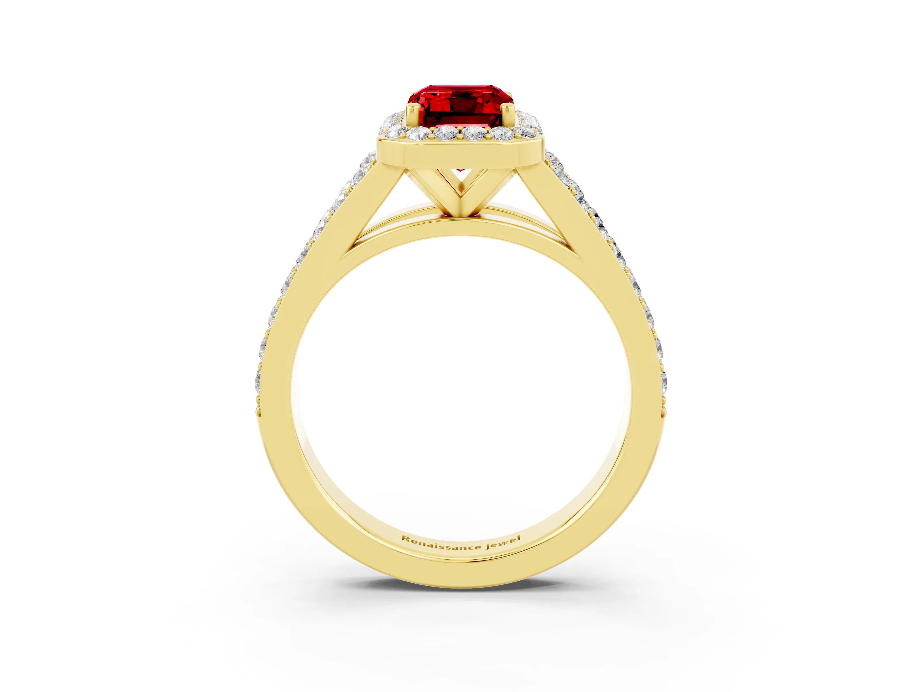 Yellow gold Emerald Cut Ruby Split Shank Halo Ring with Four-Prong Setting_15