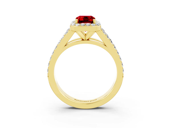 Yellow gold Emerald Cut Ruby Split Shank Halo Ring with Four-Prong Setting