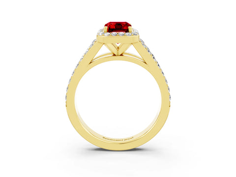 Yellow gold Emerald Cut Ruby Split Shank Halo Ring with Four-Prong Setting_15