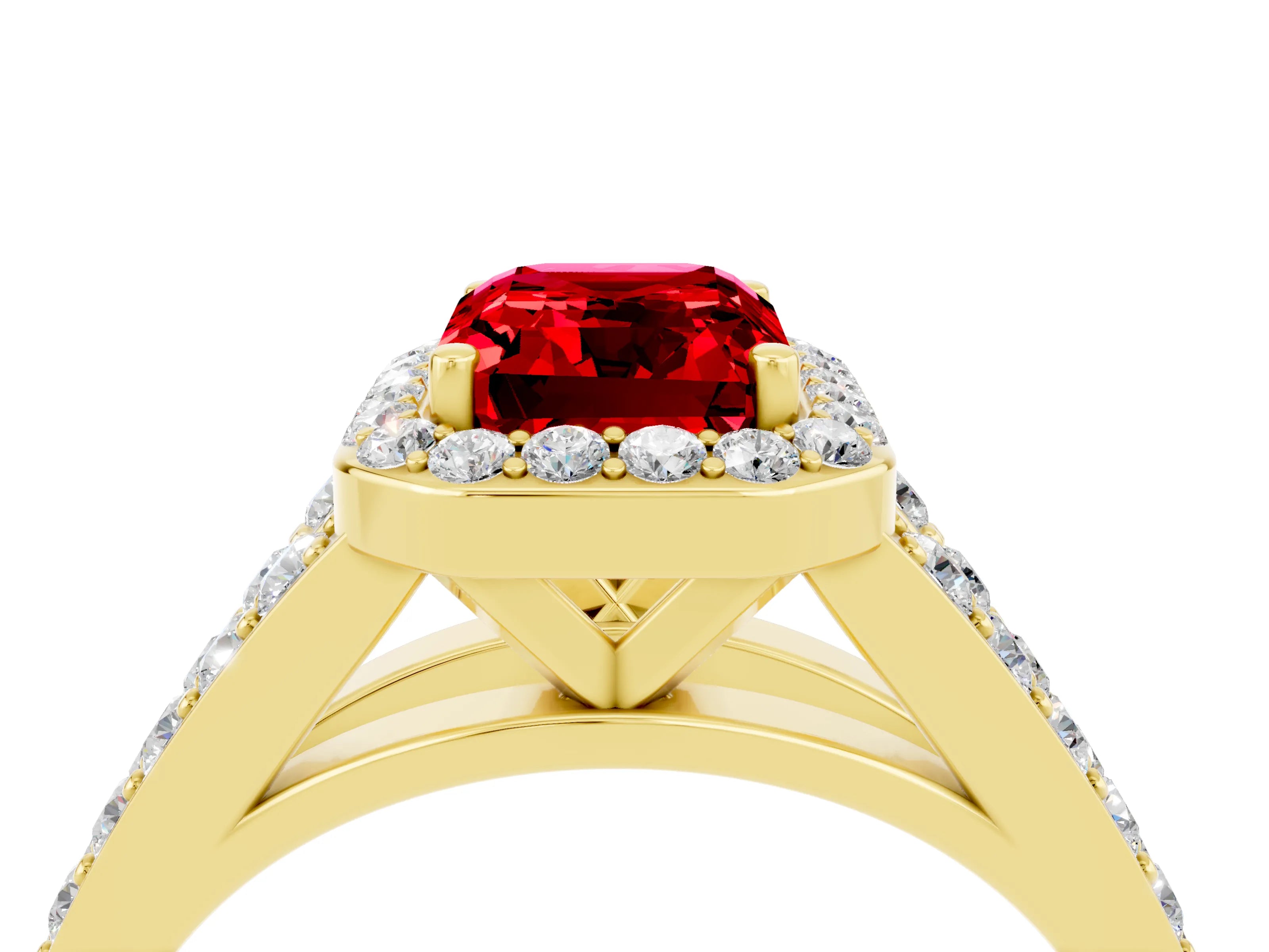 Yellow gold Emerald Cut Ruby Split Shank Halo Ring with Four-Prong Setting_16